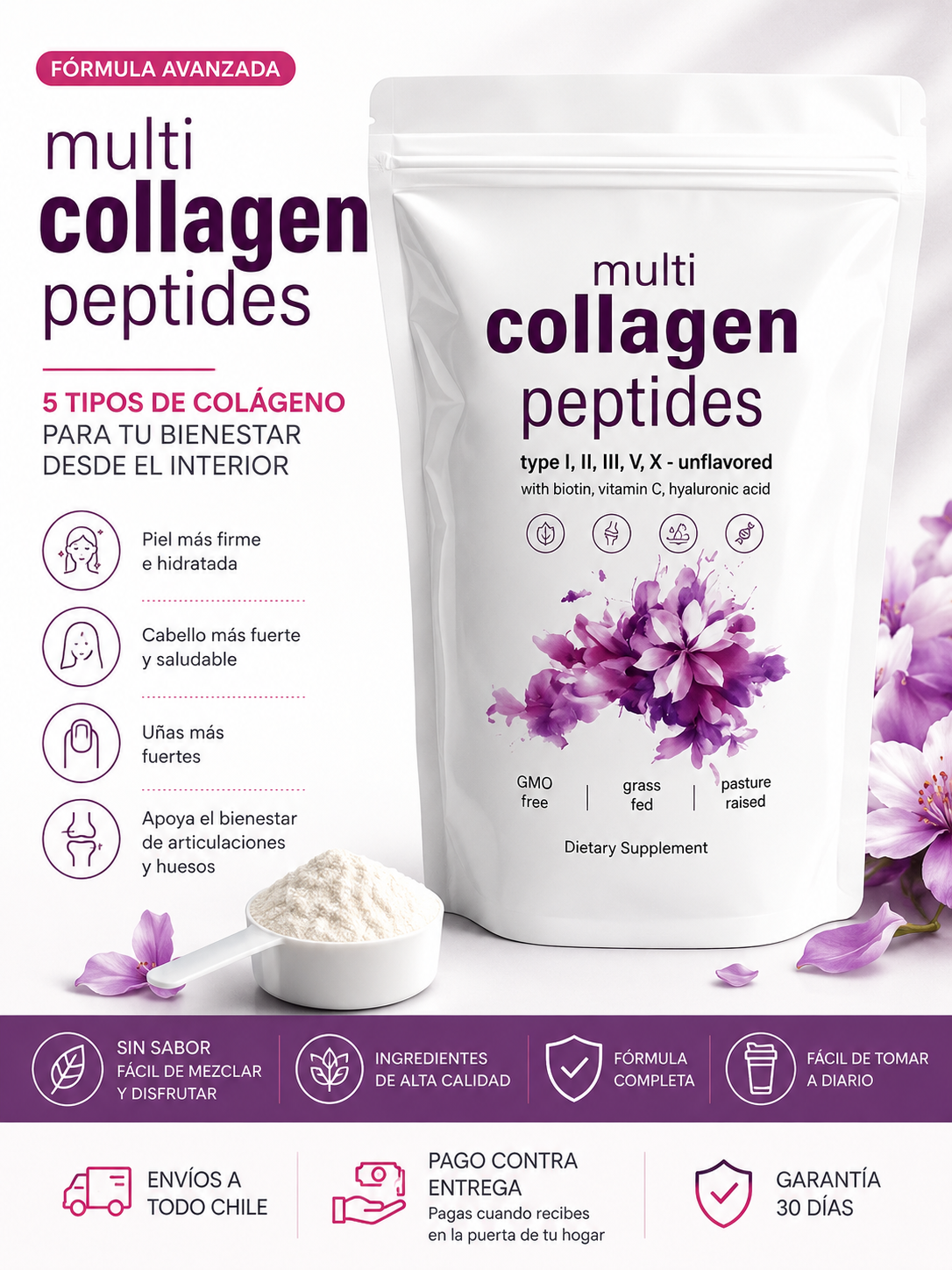 Multi Collagen Peptides  | Colágeno Hidrolizado con Biotina, Vitamina C y Ácido Hialurónico